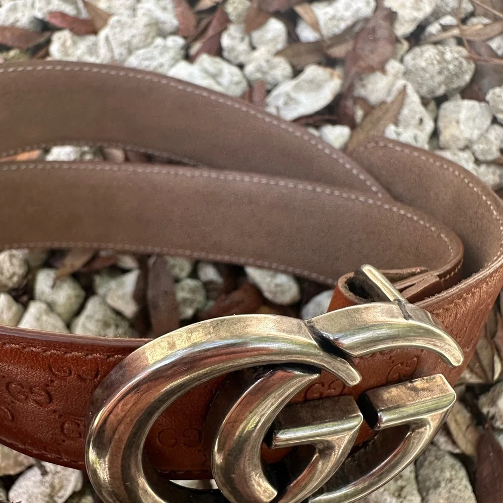 GG Gucci Emblematic Marmont Brown Leather Belt Silver Buckle L - Picture 4 of 15
